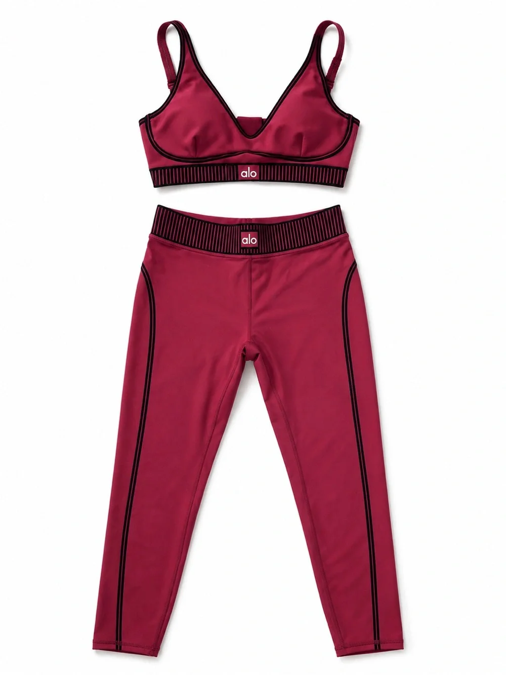 ALO Yoga Burgundy V‑Neck Sports Bra & High‑Waist Leggings Set
